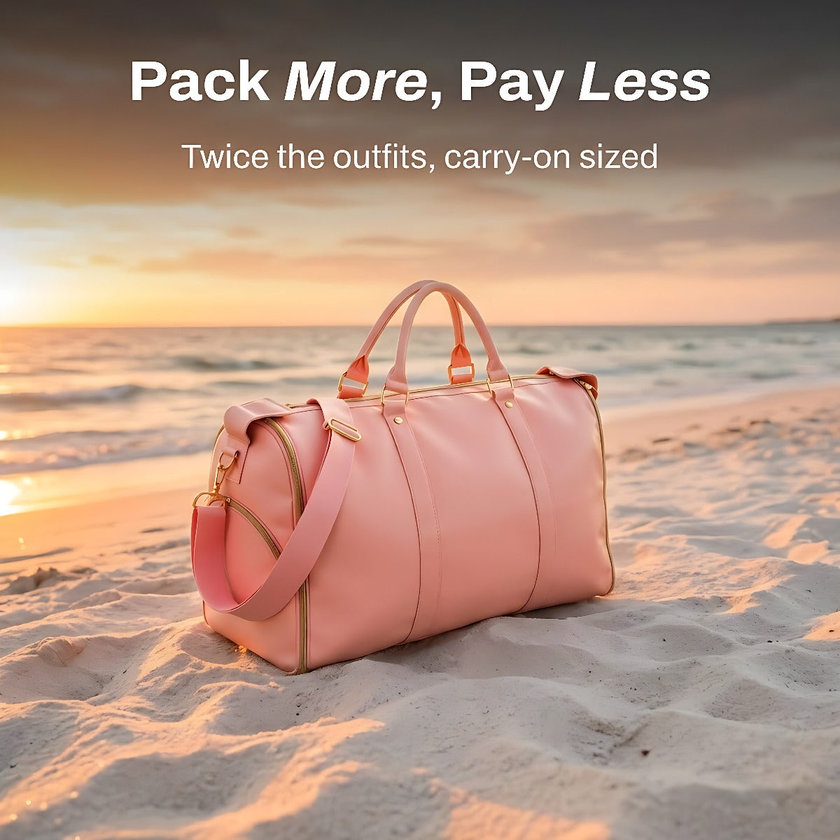Rose travel bag on a sandy beach at sunset