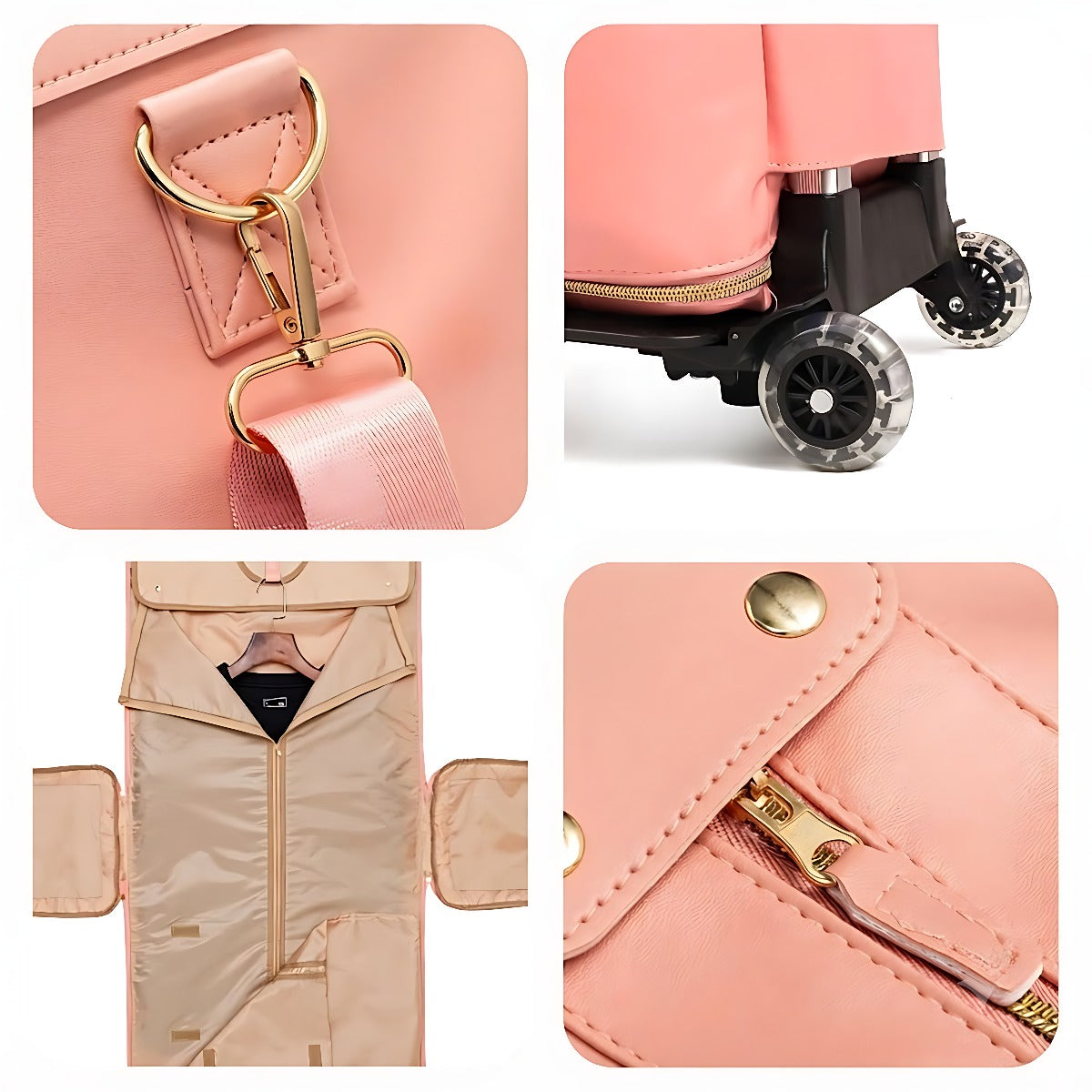 Close-up details: strap clip, wheels, garment section and zipper